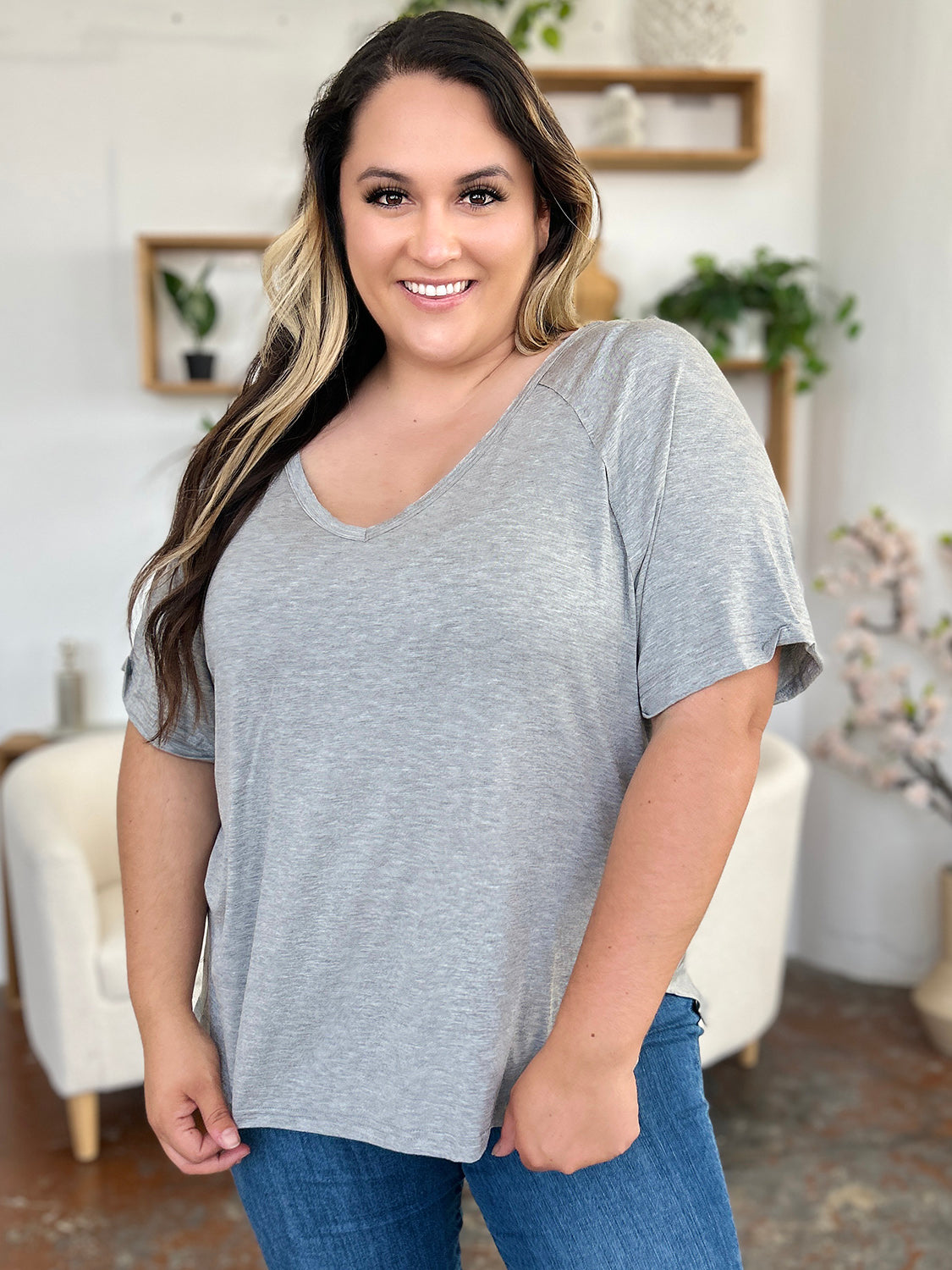 Slit V-Neck Short Sleeve T-Shirt/ Bamboo Fiber