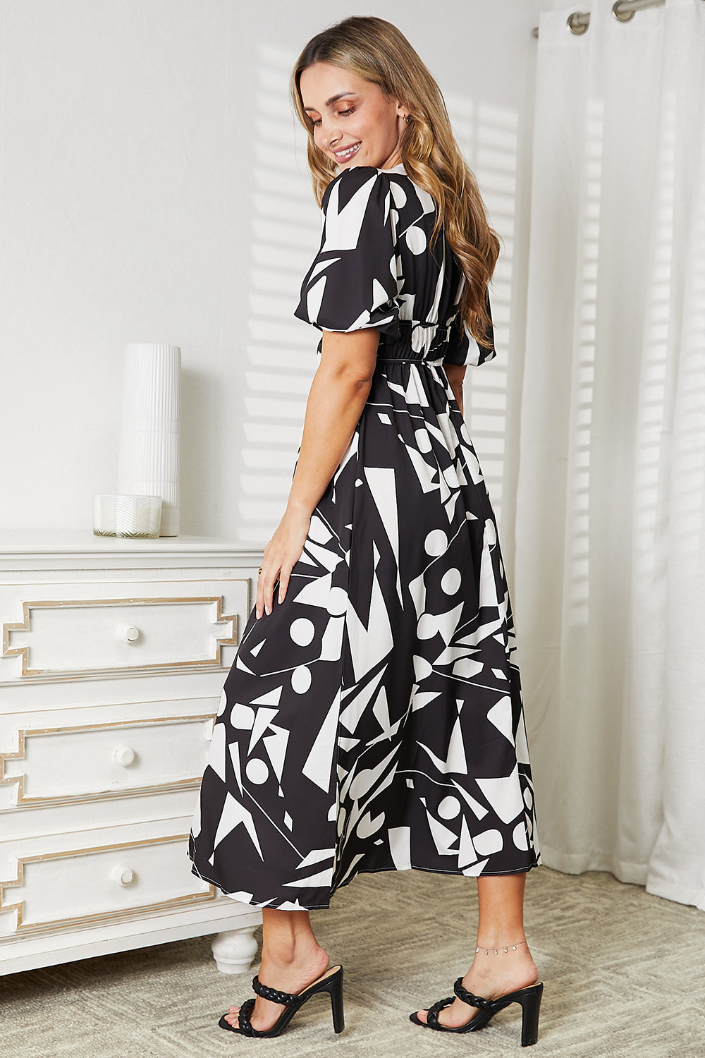 Printed Surplice Dress/Balloon Sleeve