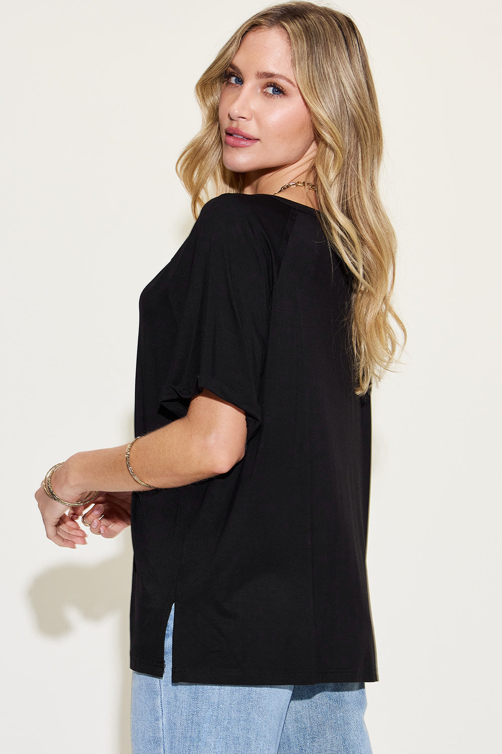 Slit V-Neck Short Sleeve T-Shirt/ Bamboo Fiber