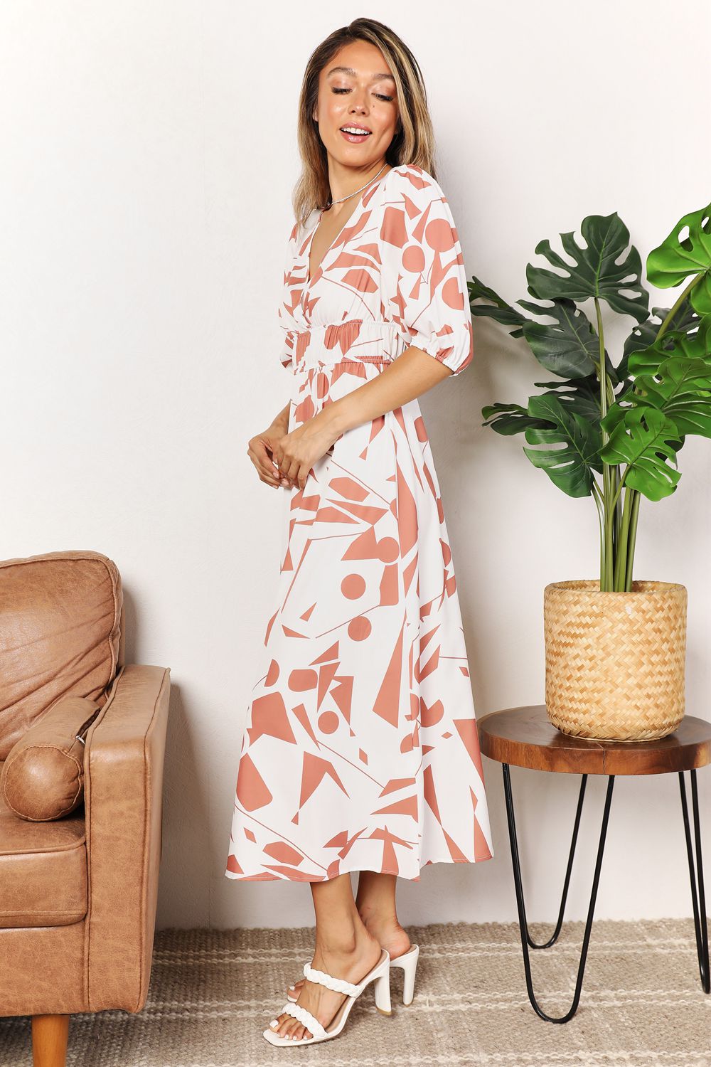 Printed Surplice Dress/Balloon Sleeve