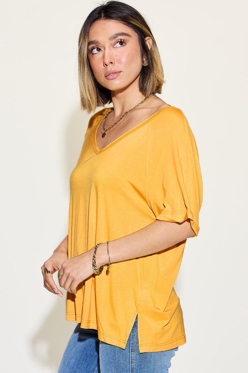 Slit V-Neck Short Sleeve T-Shirt/ Bamboo Fiber