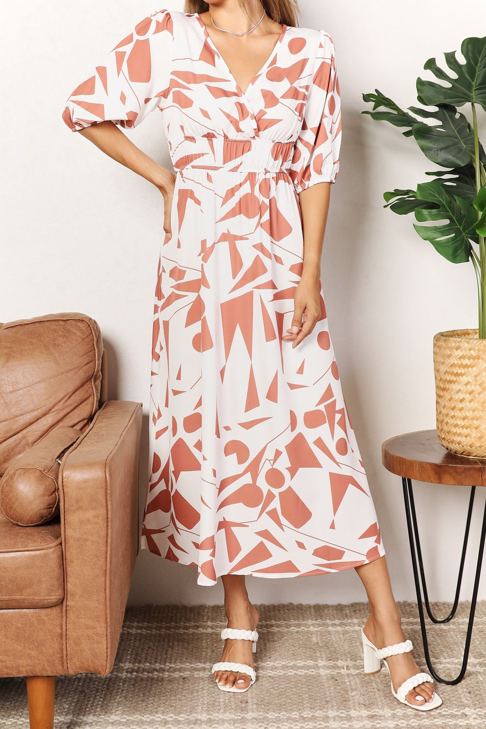 Printed Surplice Dress/Balloon Sleeve