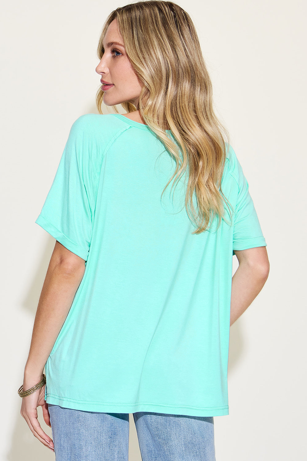 Slit V-Neck Short Sleeve T-Shirt/ Bamboo Fiber