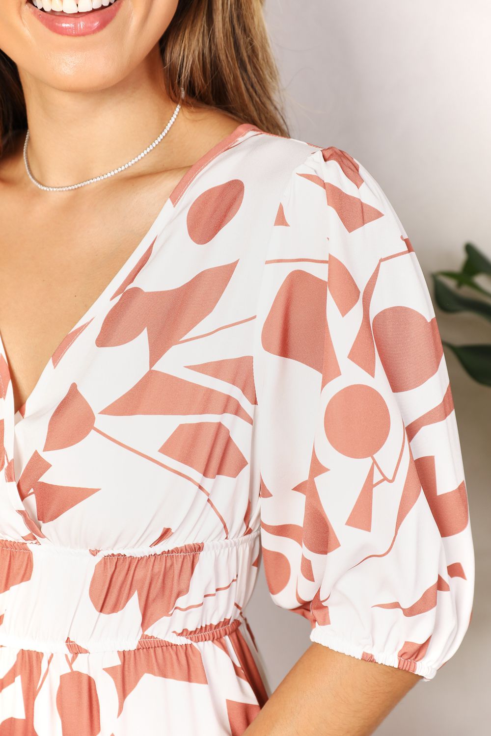 Printed Surplice Dress/Balloon Sleeve