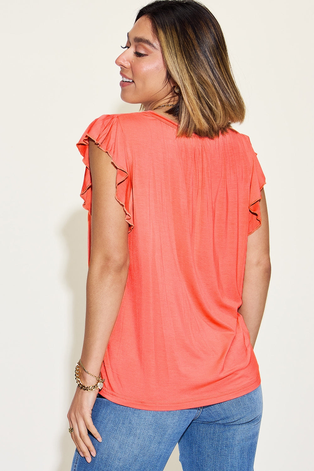 Full Size Notched Ruffled Short Sleeve T-Shirt/ Bamboo Fiber