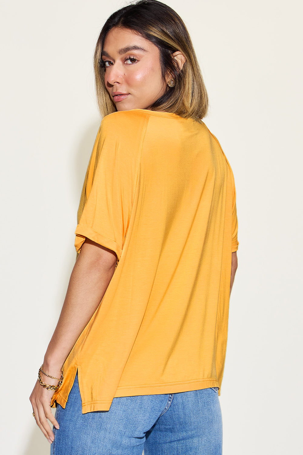 Slit V-Neck Short Sleeve T-Shirt/ Bamboo Fiber