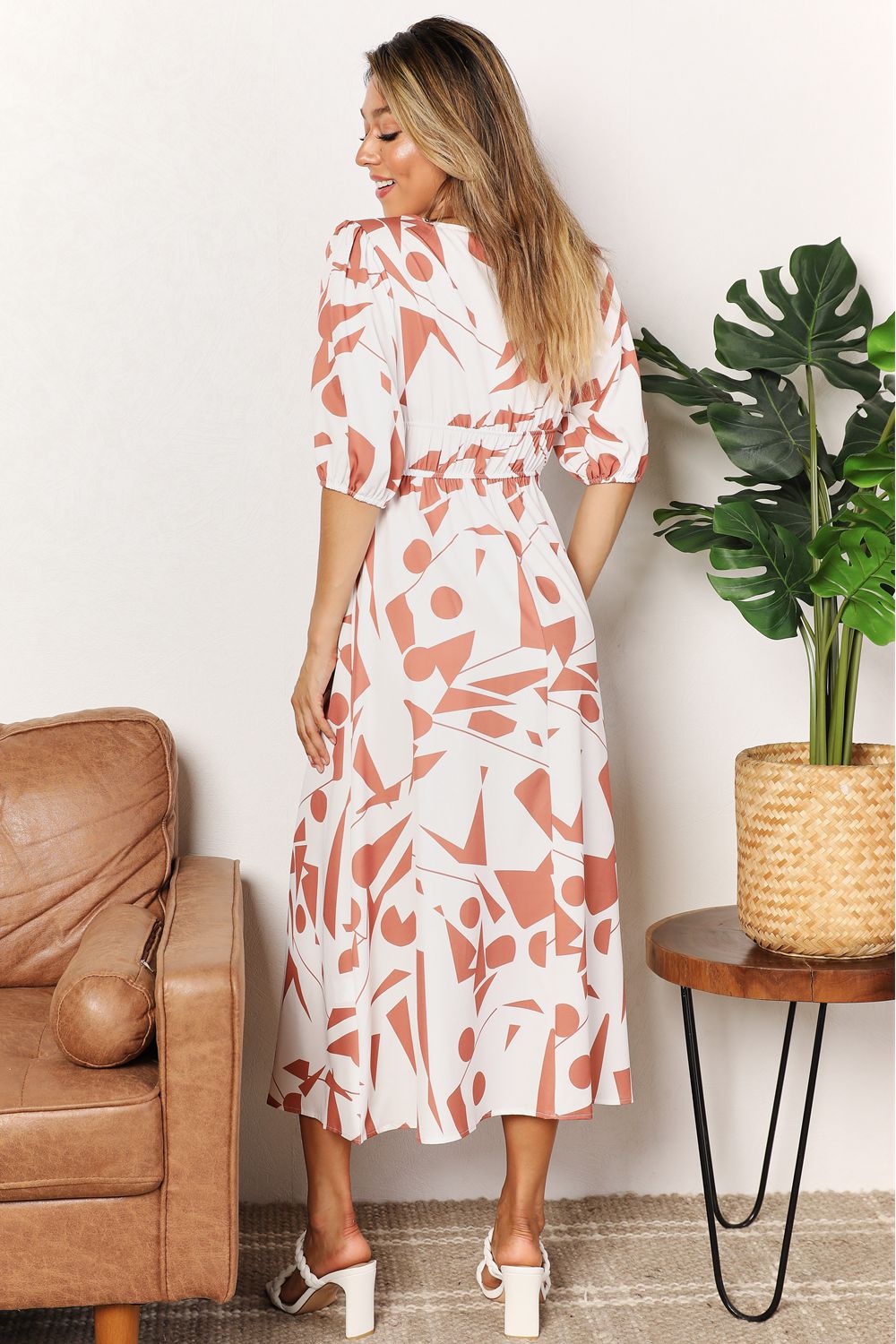 Printed Surplice Dress/Balloon Sleeve