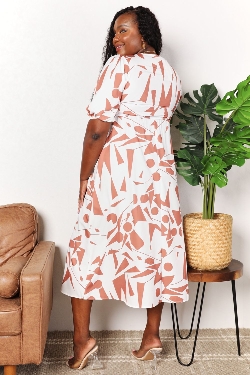 Printed Surplice Dress/Balloon Sleeve