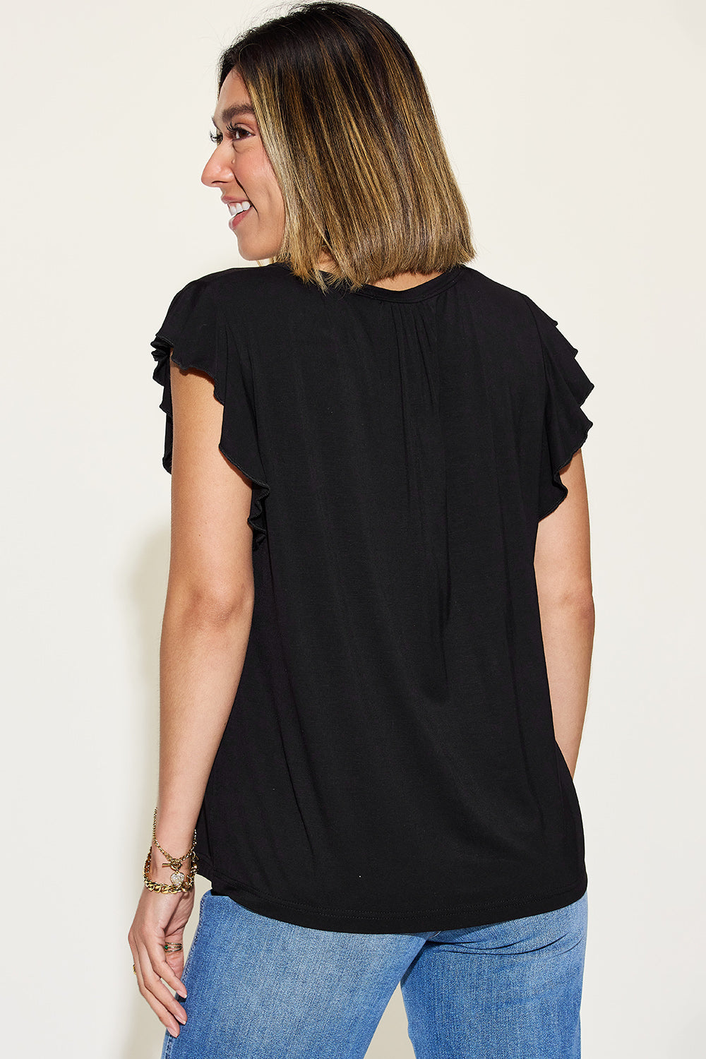 Full Size Notched Ruffled Short Sleeve T-Shirt/ Bamboo Fiber