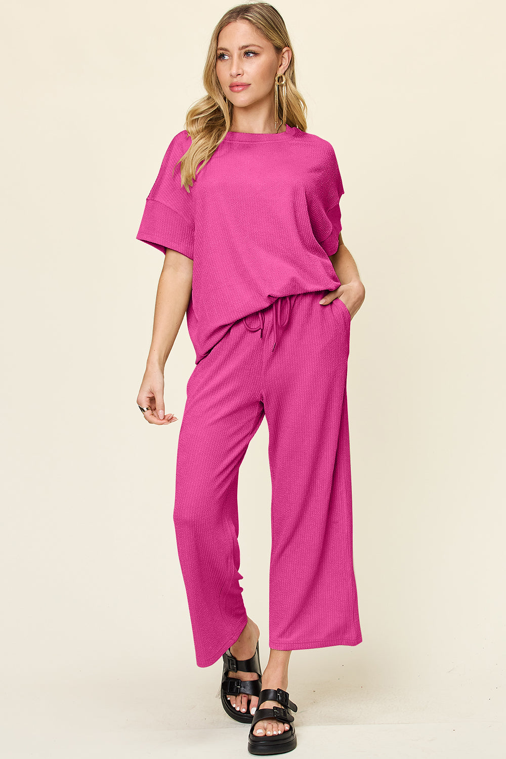 Round Neck Short Sleeve T-Shirt and Wide Leg Pants