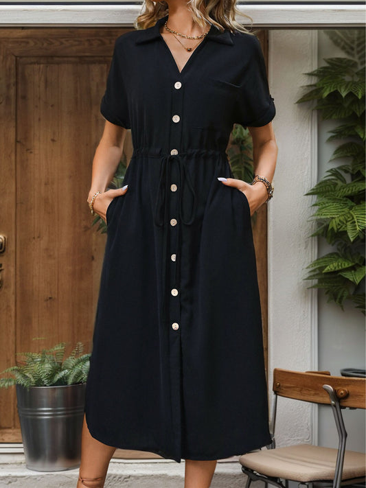 Button Down Short Sleeve Midi Dress/ Slit Drawstring